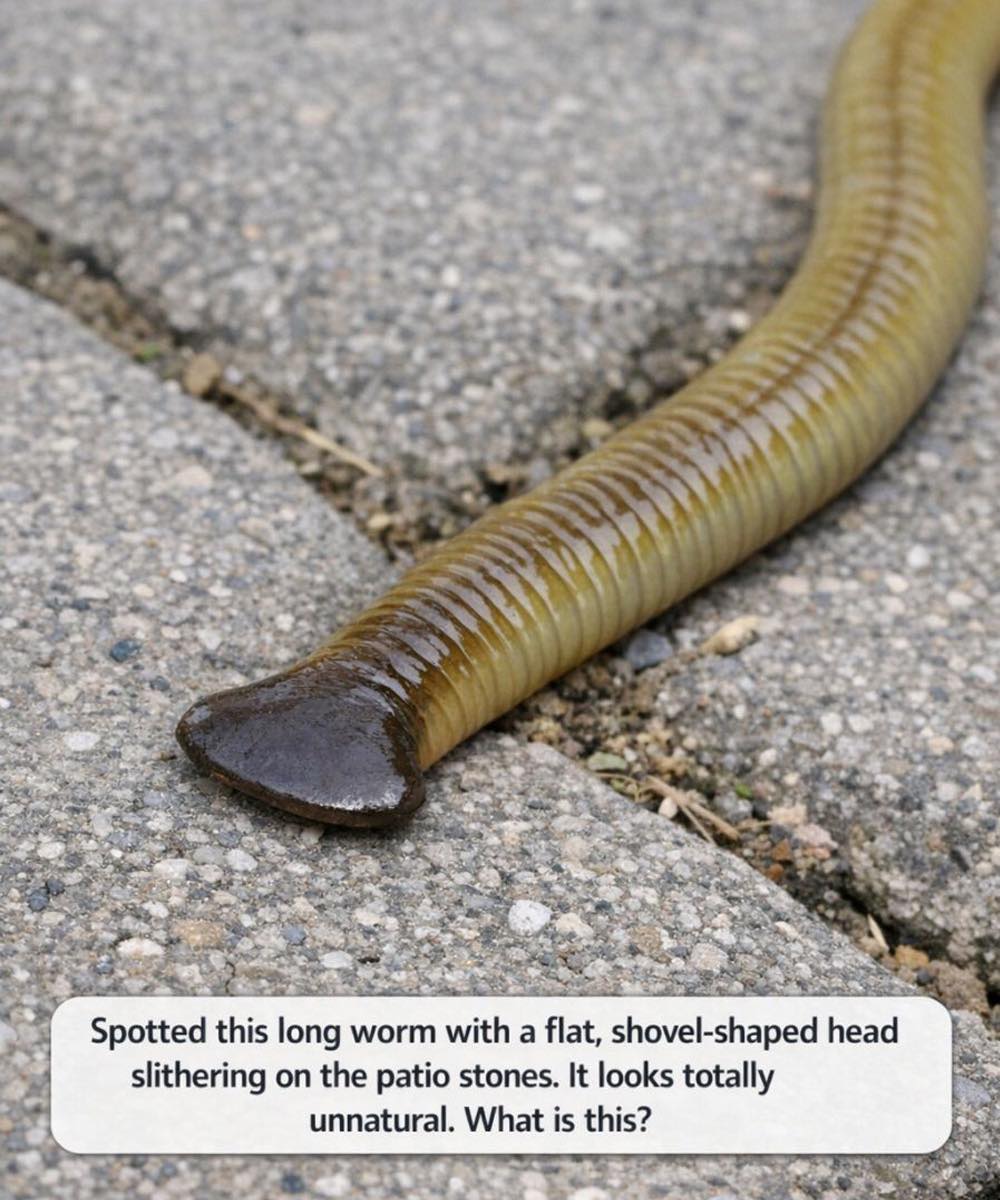 Spotted this long worm with a flat, shovel-shaped head slithering on the patio stones. It looks totally unnatural. What is this?
