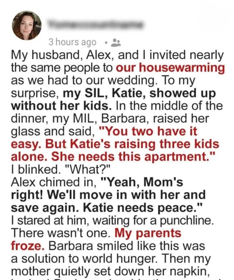 At Our Housewarming Party, My Husband and His Mother Insisted We Hand Over Our Apartment to His Sister — Until My Mom Said One Sentence That Silenced the Room.