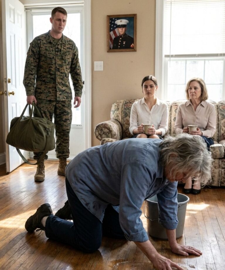 After five years of absence, my soldier son came home to find me on my knees scrubbing my own floors, while his wife and mother sat on the sofa, quietly sipping their coffee.