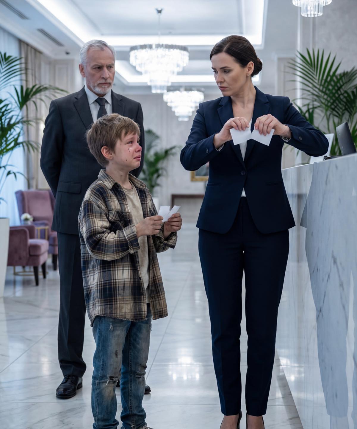 The headmistress ripped up the poor boy’s note with a sharp, dry tear — never realizing the school’s owner was watching from just a few steps away.