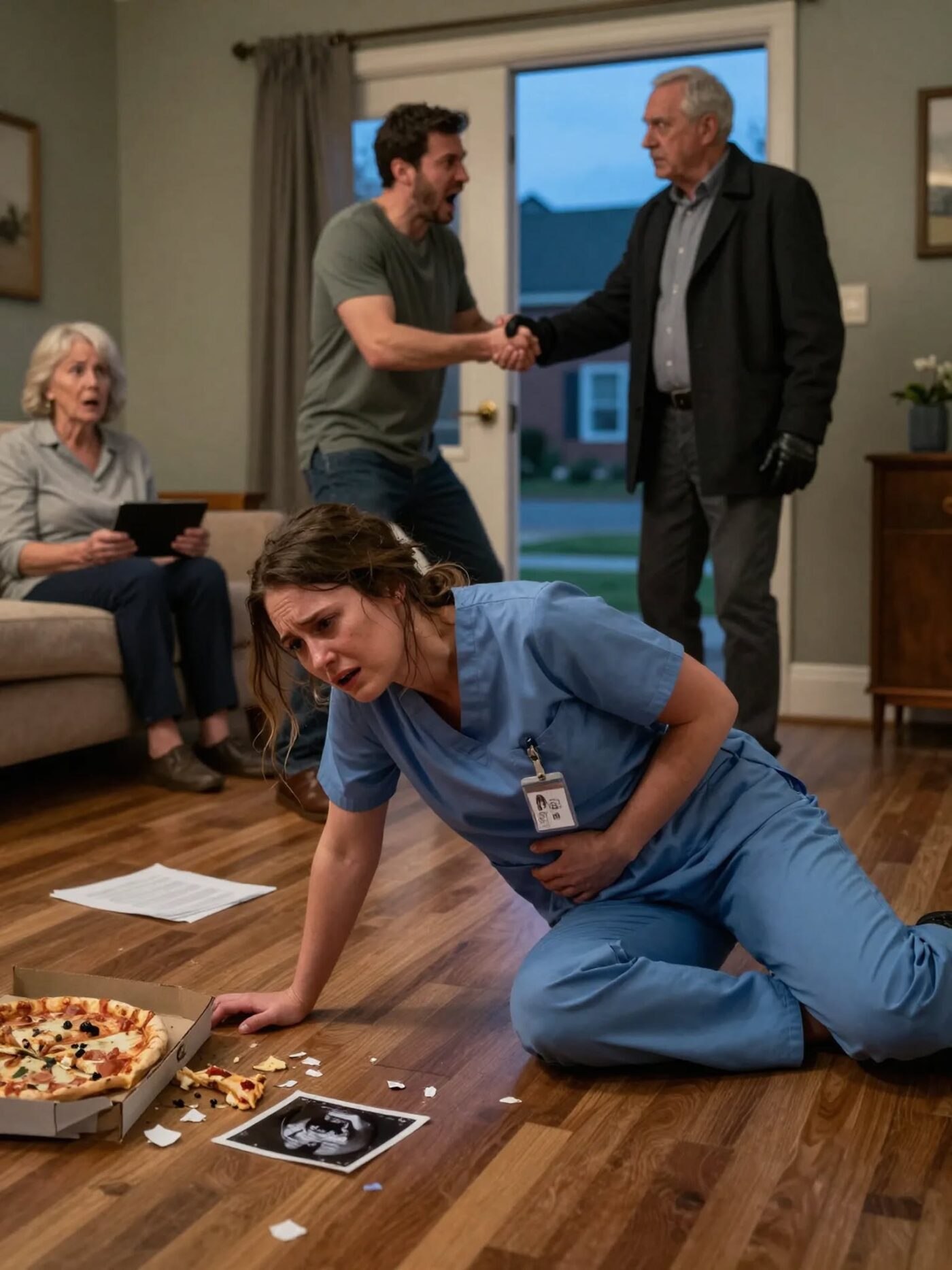 I walked in wearing hospital scrubs—still bleeding, still numb—after losing our baby in the ER. My husband didn’t ask if I was alive. He slapped me and screamed that he and his mother were “starving.” When I whispered, “I miscarried,” he called me a liar and raised his fist again. That’s when the front door shadow moved… and my father finally stepped inside. They had no idea who he really was.