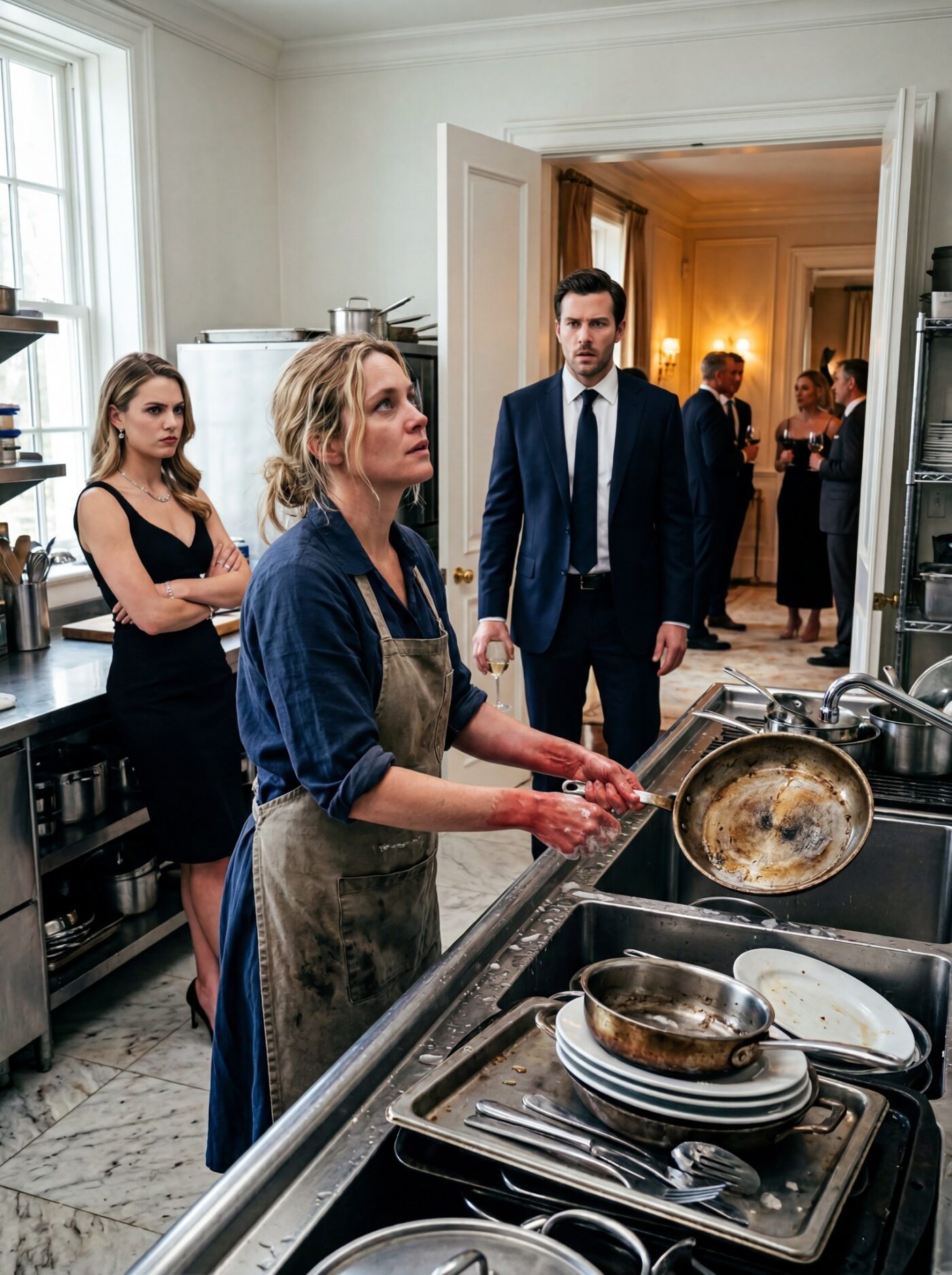 Millionaire Husband Returned Home Early To Surprise His Wife — But Found Her Washing Dishes Like A Maid In The Very House Where She Should Have Lived Like A Queen… While His Family Hosted A Lavish Party Upstairs Using His Money, And No One Expected What Happened Next