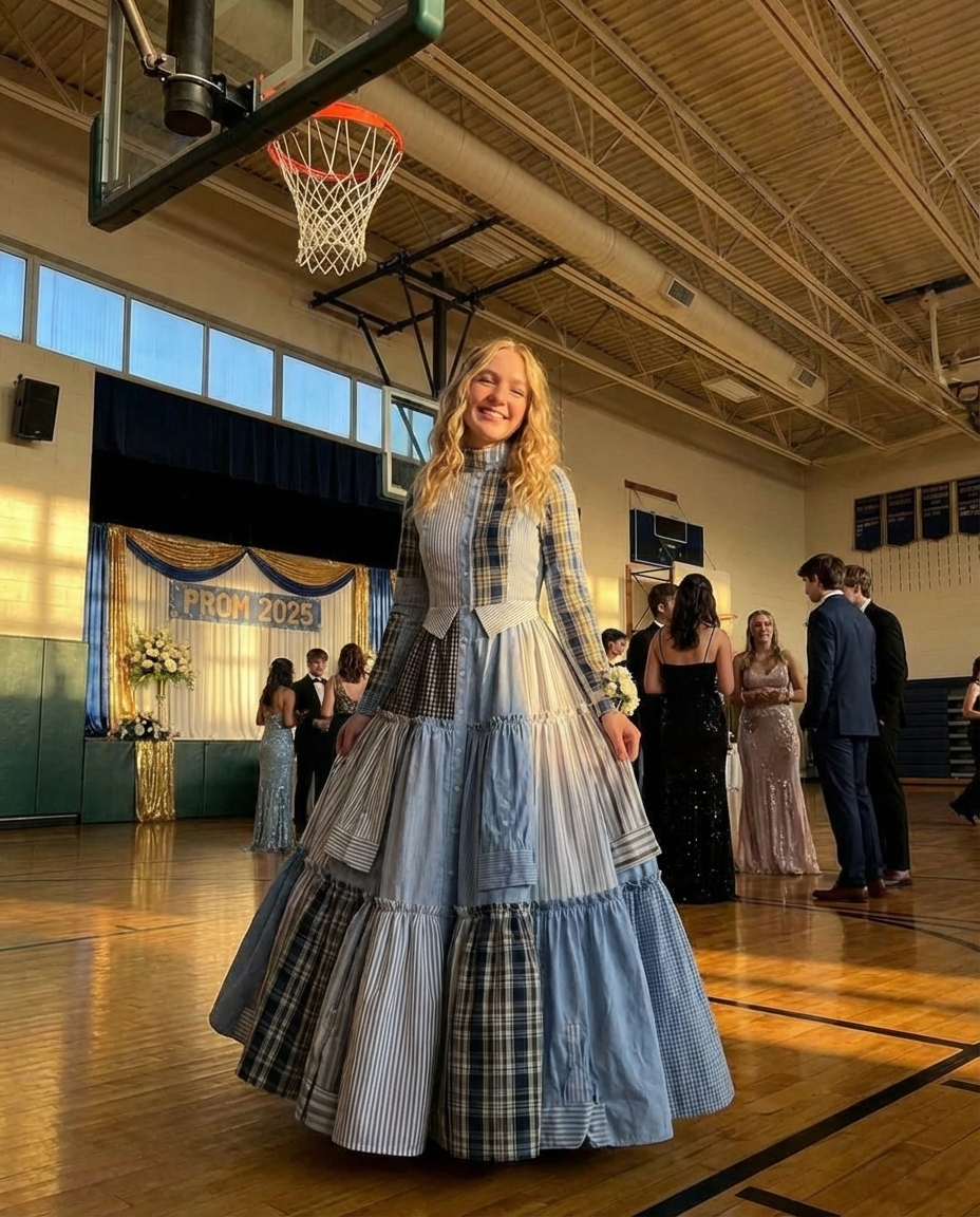 I Sewed a Dress From My Dad’s Shirts for Prom in His Honor – My Classmates Laughed Until the Principal Took the Mic and the Room Fell Silent