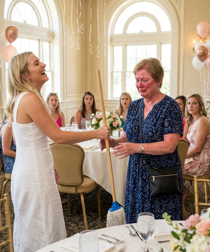 “Earn your meal!” – My future daughter-in-law handed me a mop in front of 20 guests. The “gift” I pulled out of my purse made her turn pale.